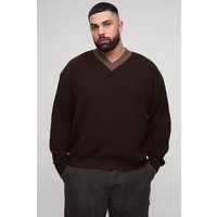 Plus Oversize Kontrast-Pullover mit V-Ausschnitt - Braun - 4XL, Braun von boohooman