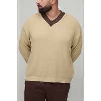 Plus Oversize Kontrast-Pullover mit V-Ausschnitt - Ecru - 3XL, Ecru von boohooman