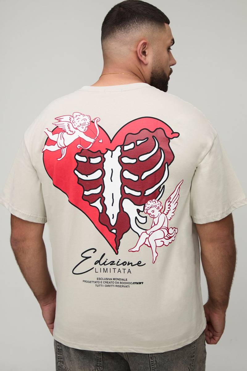 Plus Oversize Man T-Shirt mit Skelett Herz-Print - Grau - 2XL, Grau von boohooman