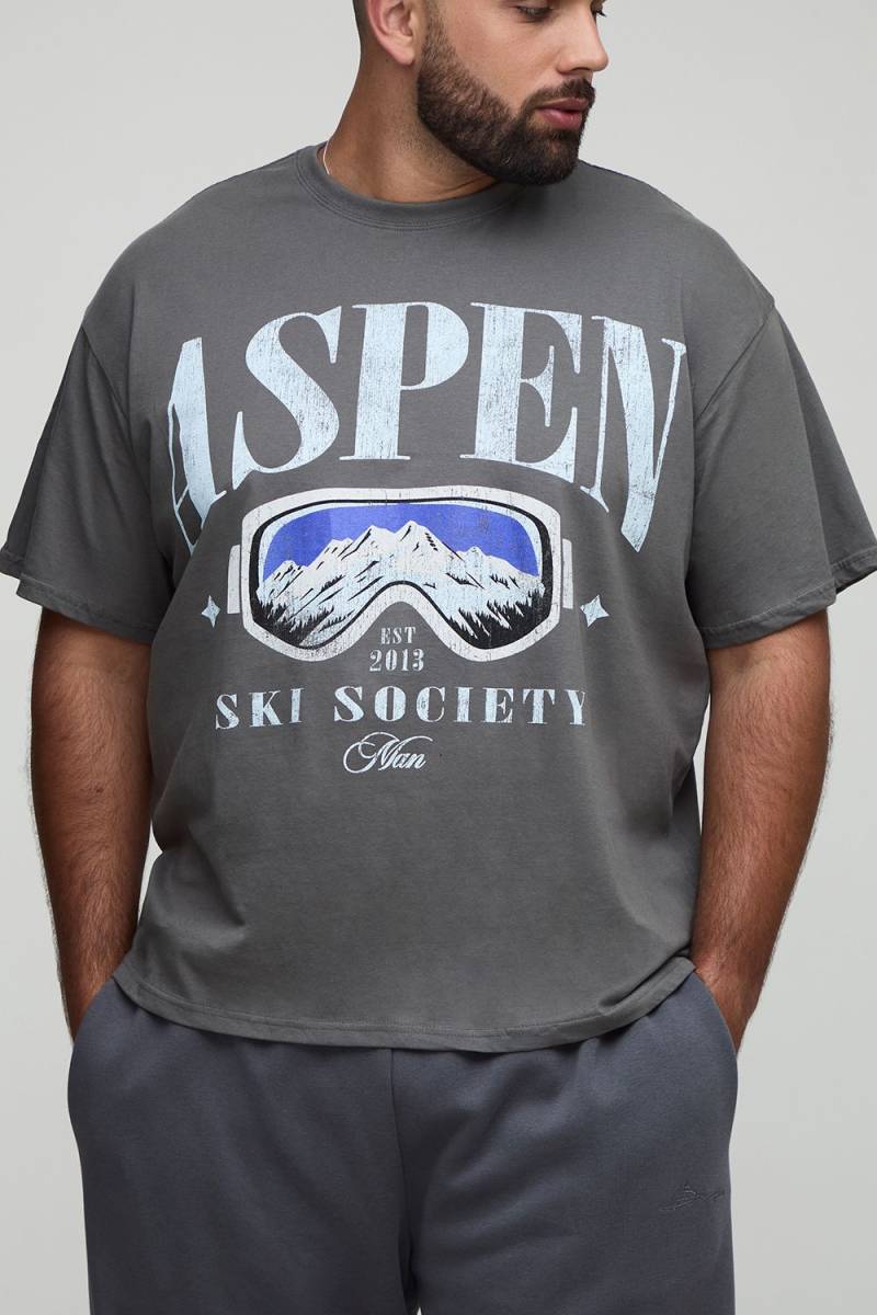 Plus Oversize T-Shirt mit Man Script und Ski-Maske Print - Grau - 3XL, Grau von boohooman