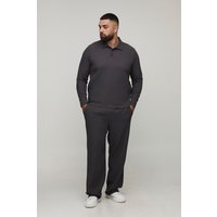 Plus langärmliges Poloshirt & lockere Hose - Grau - 3XL, Grau von boohooman