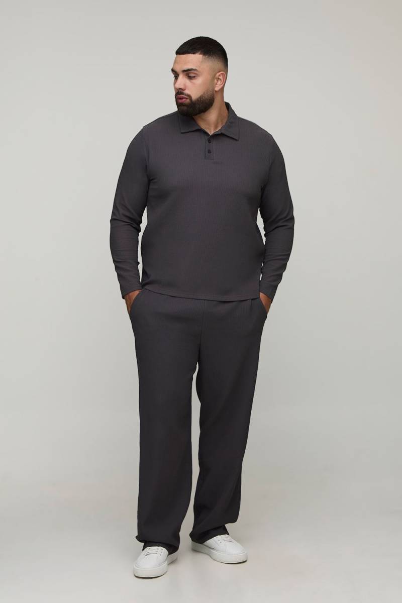 Plus langärmliges Poloshirt & lockere Hose - Grau - 4XL, Grau von boohooman