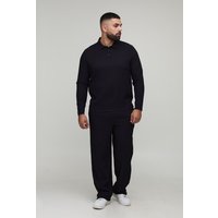 Plus langärmliges Poloshirt & lockere Hose - Schwarz - 4XL, Schwarz von boohooman