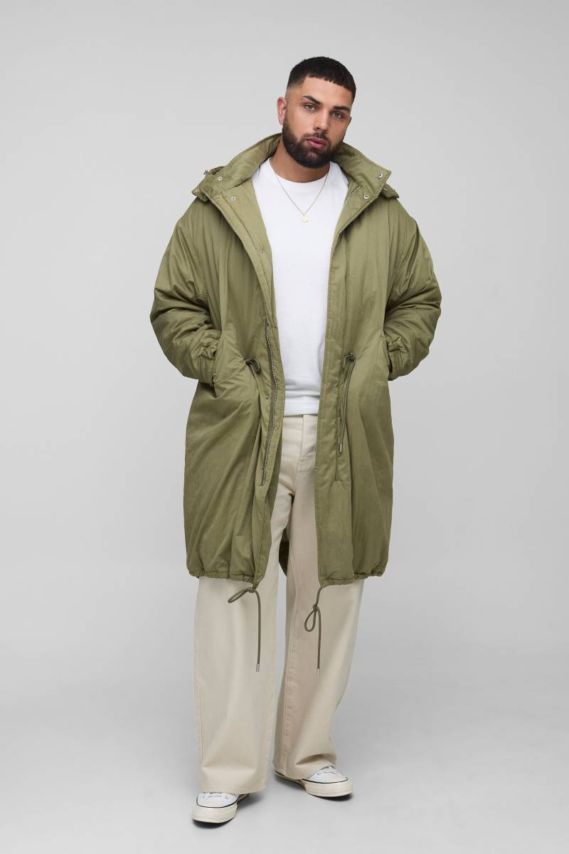 Plus mittellange Nylon Parka-Jacke mit Trichterkragen - Khaki - 4XL, Khaki von boohooman