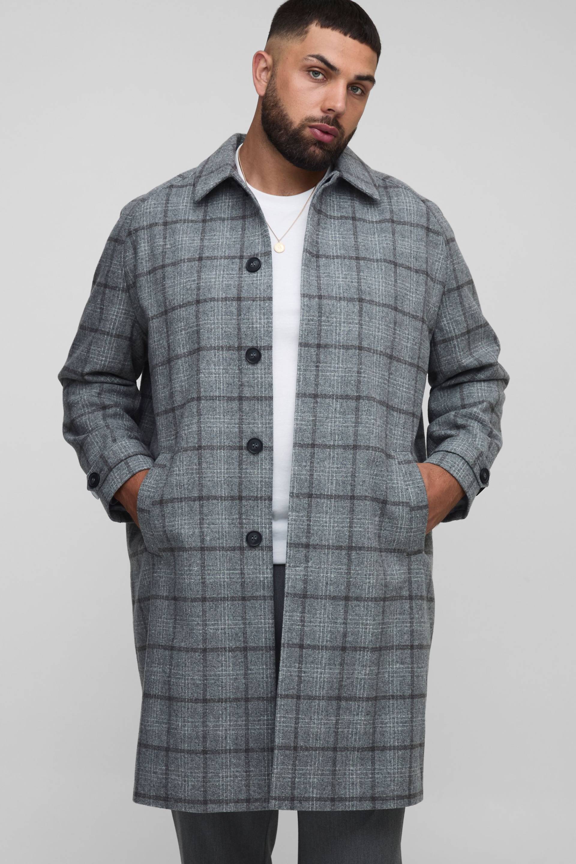 Plus einreihiger karierter Raglan-Mantel mit Kragen - Grau - 4XL, Grau von boohooman