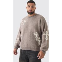 Plus flauschiges Oversize Sweatshirt mit Gothic Kreuz Print - Grau - 5XL, Grau von boohooman
