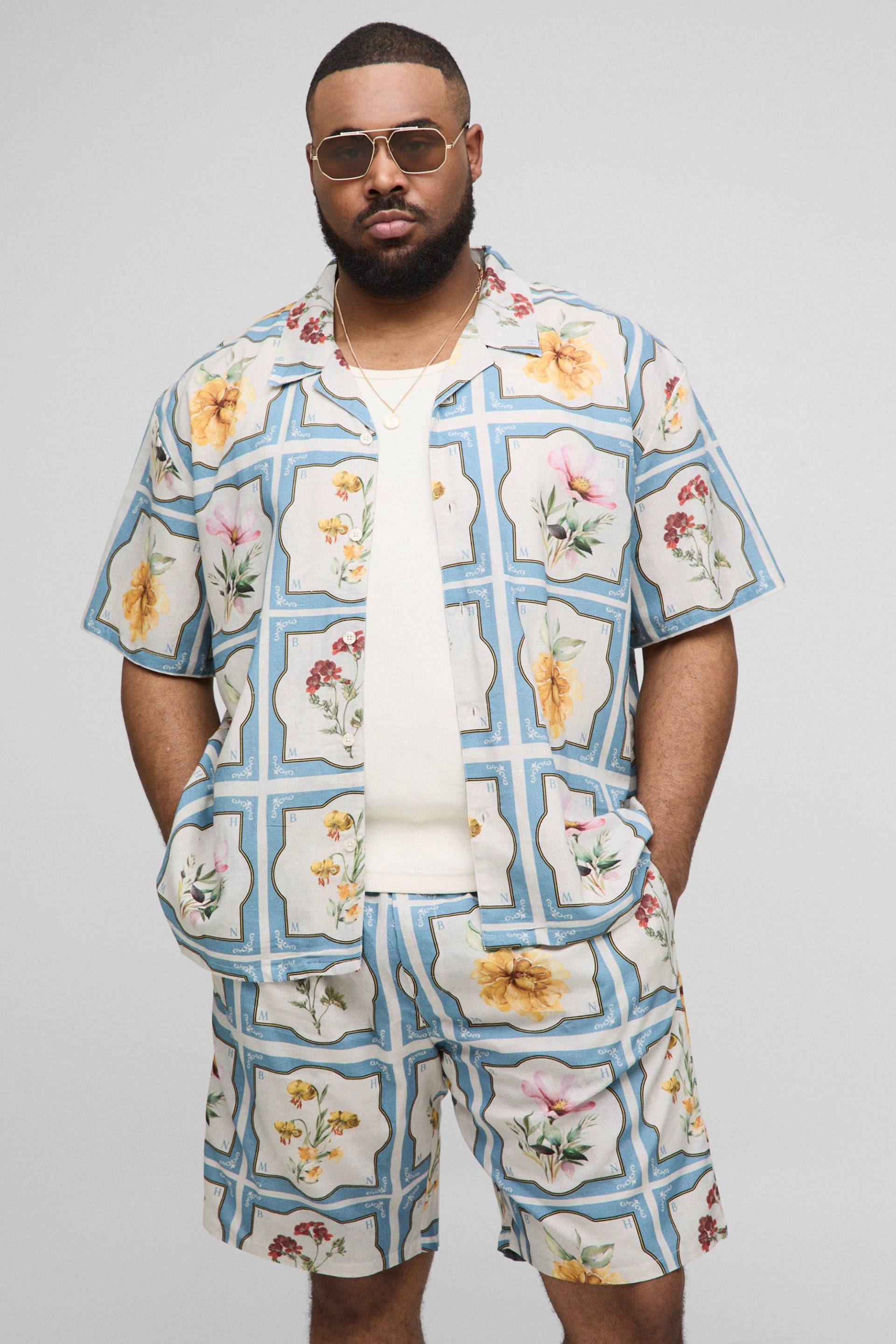Plus florales Oversize Hemd & Shorts aus Leinenmischung - Mehrfarbig - 4XL, Mehrfarbig von boohooman