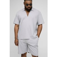 Plus gestreiftes Oversize Seersucker Hemd mit V-Ausschnitt & Shorts von boohooman
