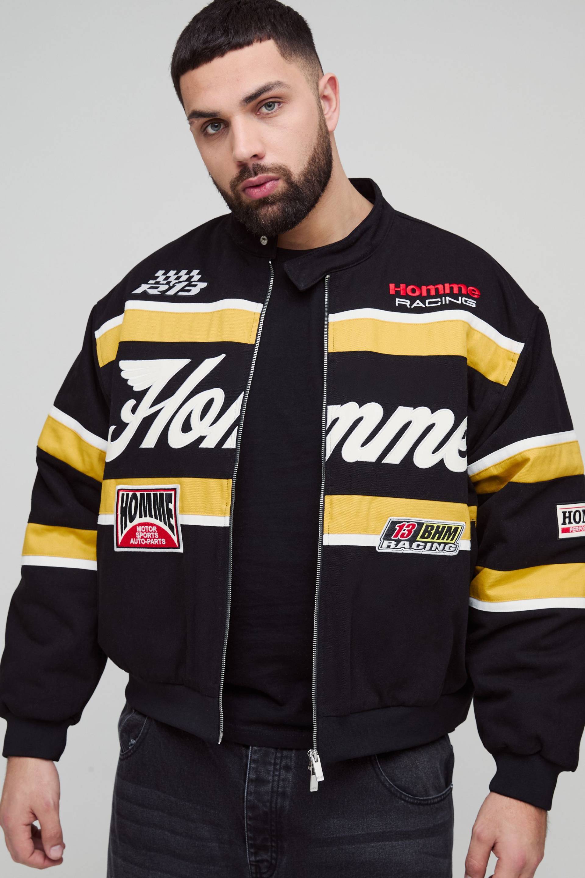 Plus kastige Oversize Bomberjacke mit Moto-Applikation von boohooman