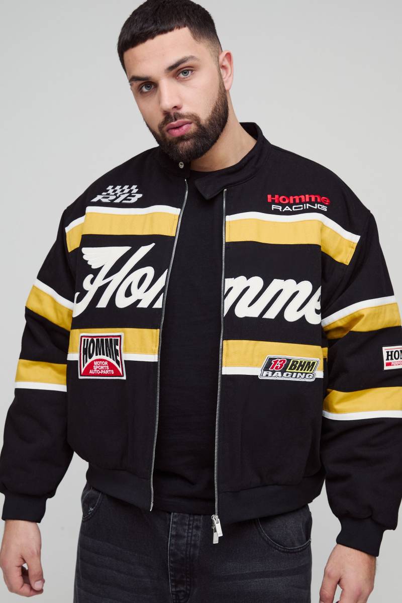 Plus kastige Oversize Bomberjacke mit Moto-Applikation von boohooman