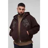 Plus kastiger Oversize Hoodie mit Kreuz-Stickerei und Reißverschluss - Braun - XXXXL, Braun von boohooman