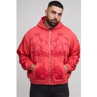 Plus kastiger Oversize Hoodie mit Worldwide-Print - Rot - 4XL, Rot von boohooman