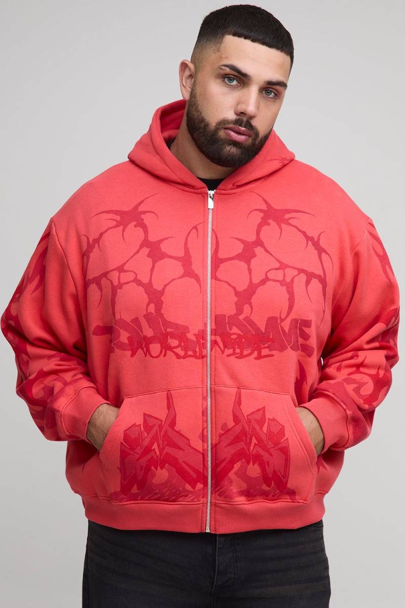 Plus kastiger Oversize Hoodie mit Worldwide-Print - Rot - 5XL, Rot Plus kastiger Oversize Hoodie mit Worldwide-Print - Rot - 5XL, Rot von boohooman