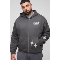 Plus kastiger Oversize Hoodie mit Worldwide-Print und Reißverschluss - Grau - 2XL, Grau von boohooman