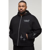 Plus kastiger Oversize Hoodie mit Worldwide-Print und Reißverschluss - Schwarz - 4XL, Schwarz von boohooman