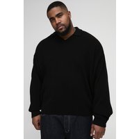Plus kastiger Oversize Strickpullover mit Kragen-Detail - Schwarz - XXXL, Schwarz von boohooman