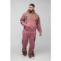 Plus kastiger Oversize Trainingsanzug mit Applikation und Kapuze - Braun - XXXXL, Braun von boohooman