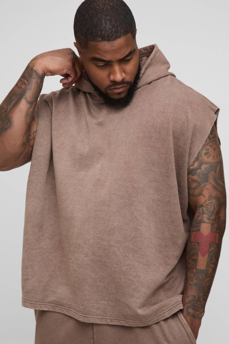 Plus kastiger ärmelloser Oversize Hoodie mit Acid-Waschung - Braun - 4XL, Braun von boohooman