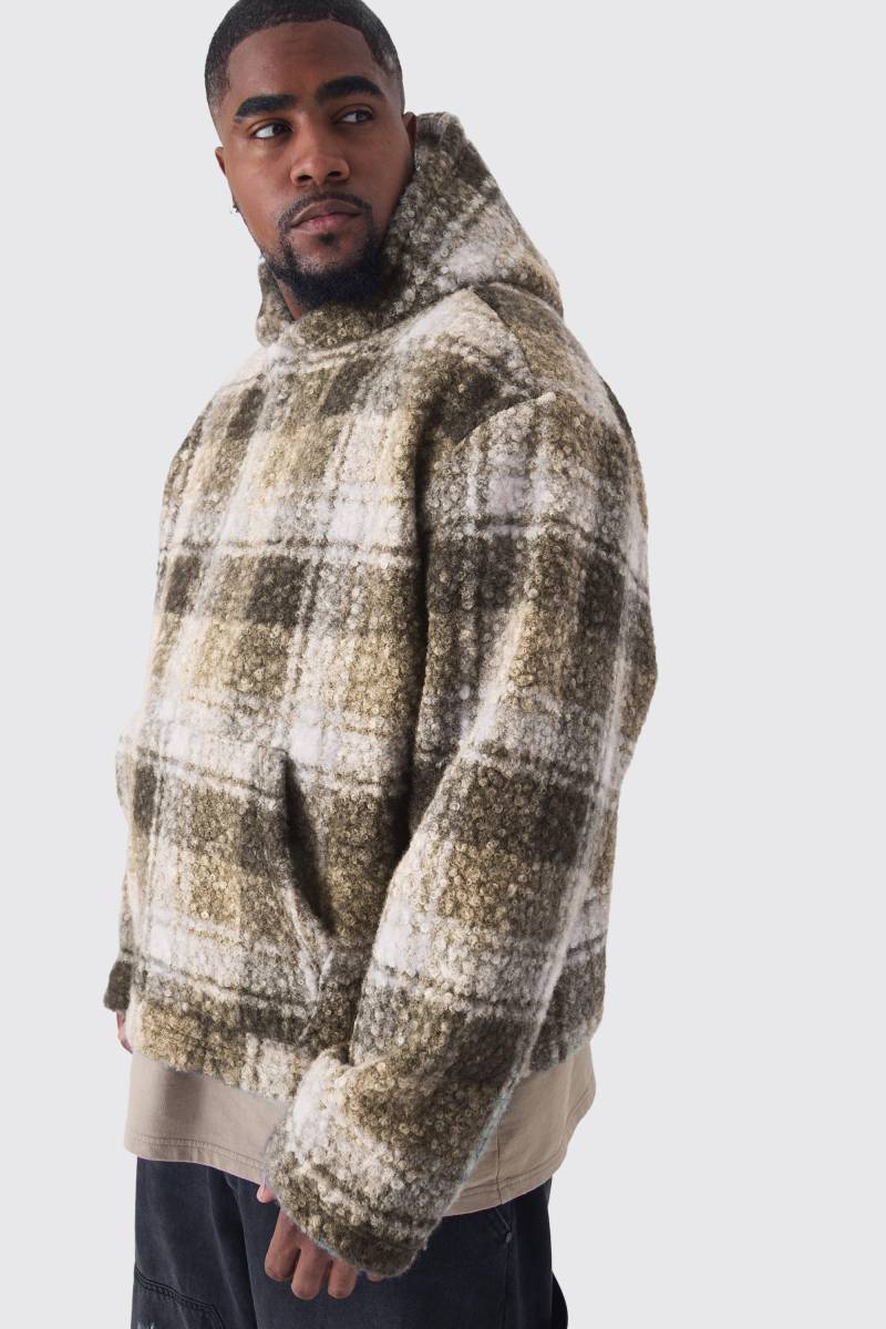 Plus kastiger karierter Oversize Man Bouclee Borg-Hoodie - Braun - XXXL, Braun von boohooman