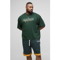 Plus kastiges Oversize T-Shirt mit Homme Print & Basketball Airtex Shorts - Grün - 2XL, Grün von boohooman