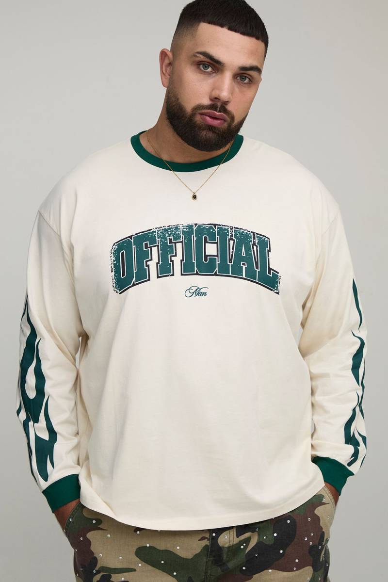 Plus langärmliges Oversize Official Man T-Shirt mit Flammen-Print von boohooman