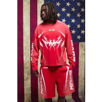 Langärmliges kastiges Oversize T-Shirt mit Print & Oversize Shorts - Rot - M, Rot von boohooman