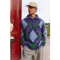 Strick-Sweatshirt mit 1/4 Reißverschluss und Trichterkragen - Blau - M, Blau von boohooman