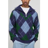 Regular Fit 1/4 Zip Funnel Neck Diamond Knitted Sweatshirt - Blau - XL, Blau von boohooman