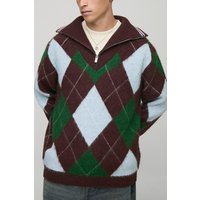 Regular Fit 1/4 Zip Funnel Neck Diamond Knitted Sweatshirt - Braun - S, Braun von boohooman