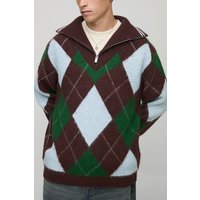 Strick-Sweatshirt mit 1/4 Reißverschluss und Trichterkragen - Braun - XL, Braun von boohooman