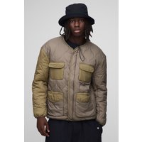 Kragenlose gesteppte Colorblock Ripstop Jacke - Grün - M, Grün von boohooman
