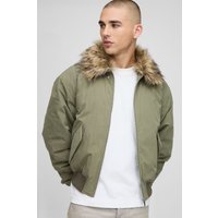 Regular Fit Faux Fur Collar Nylon Bomber Jacket - Khaki - M, Khaki von boohooman