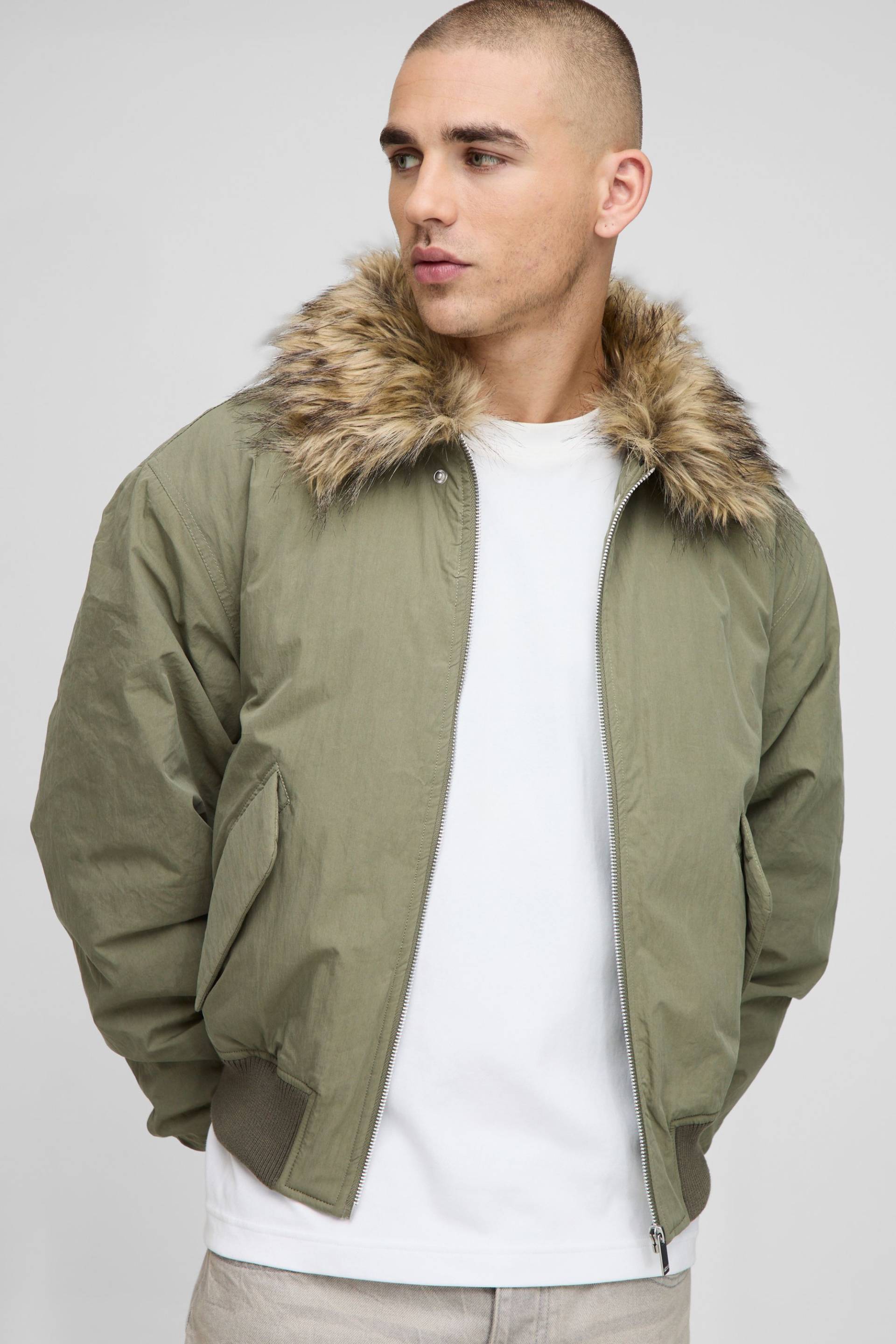 Regular Fit Faux Fur Collar Nylon Bomber Jacket - Khaki - M, Khaki von boohooman