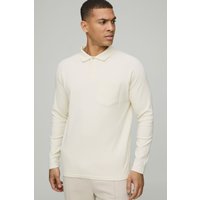 Langärmliges geripptes Jersey-Poloshirt mit Knopfleiste - Ecru - L, Ecru von boohooman