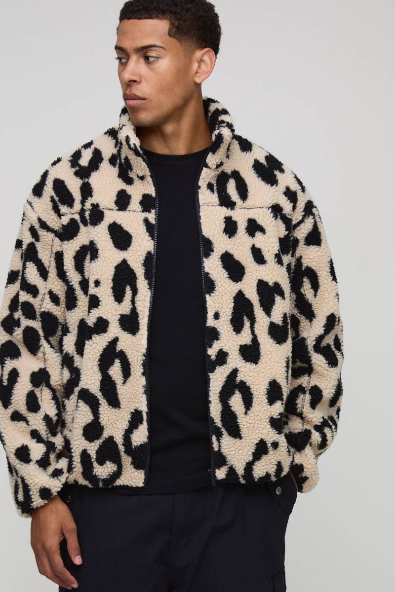 Leopardenprint Borg-Jacke mit Trichterkragen und Reißverschluss - M, leopard von boohooman