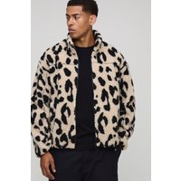 Leopardenprint Borg-Jacke mit Trichterkragen und Reißverschluss - XL, leopard von boohooman