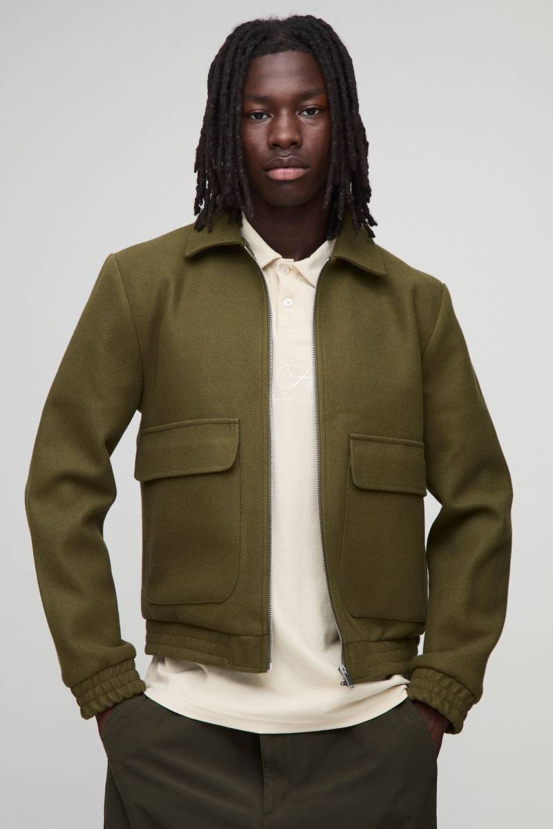 Melton Harrington-Jacke mit Reißverschluss - Khaki - S, Khaki von boohooman
