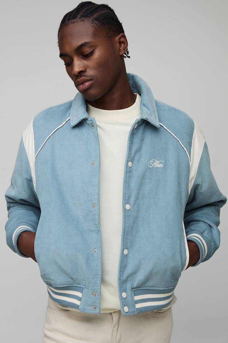Regular Fit PU Panel Cord Back Applique Bomber Jacket - Blau - M, Blau von boohooman