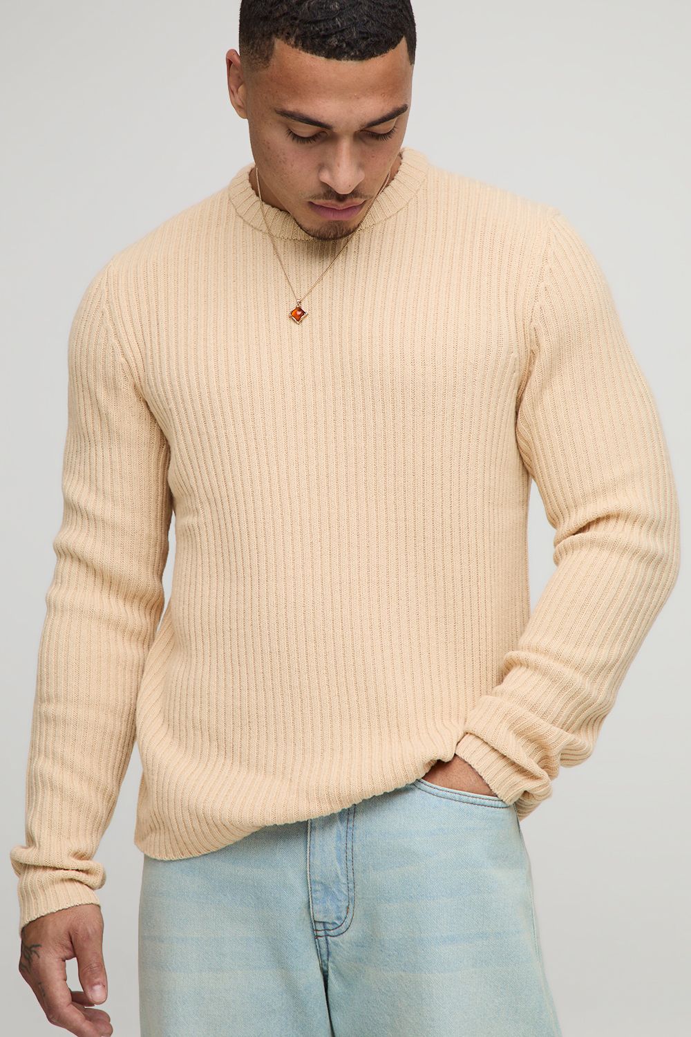 Gerippter Strickpullover - Beige - XS, Beige Gerippter Strickpullover - Beige - XS, Beige von boohooman