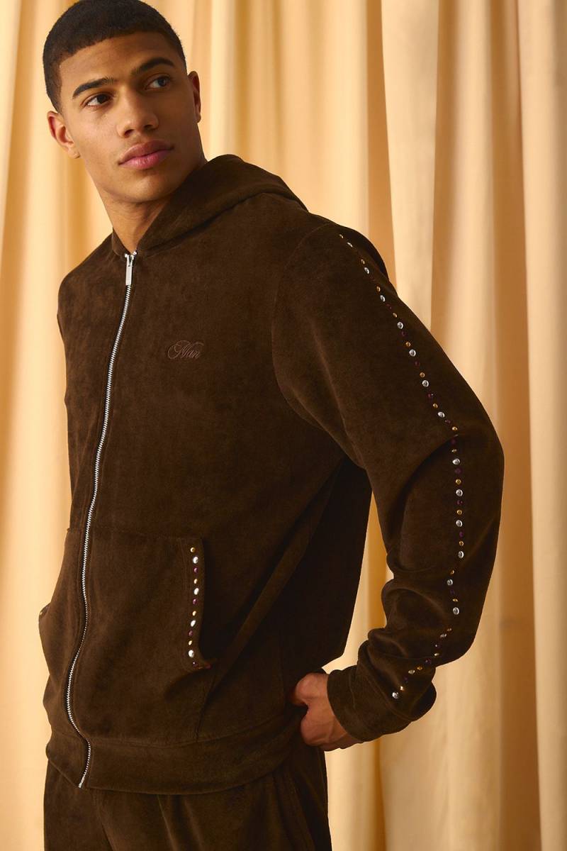 Verzierter Velour-Hoodie mit Reißverschluss - Braun - XL, Braun Verzierter Velour-Hoodie mit Reißverschluss - Braun - XL, Braun von boohooman