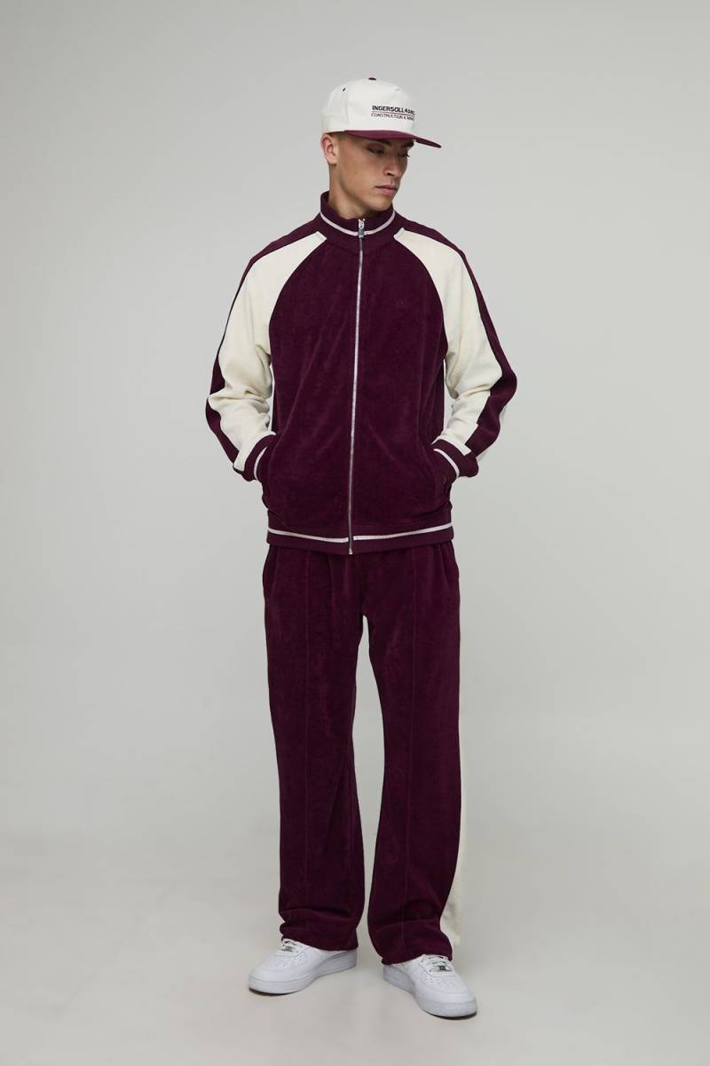 Regular Fit Velour Zip Through Funnel Neck Tracksuit - Burgund - XL, Burgund von boohooman