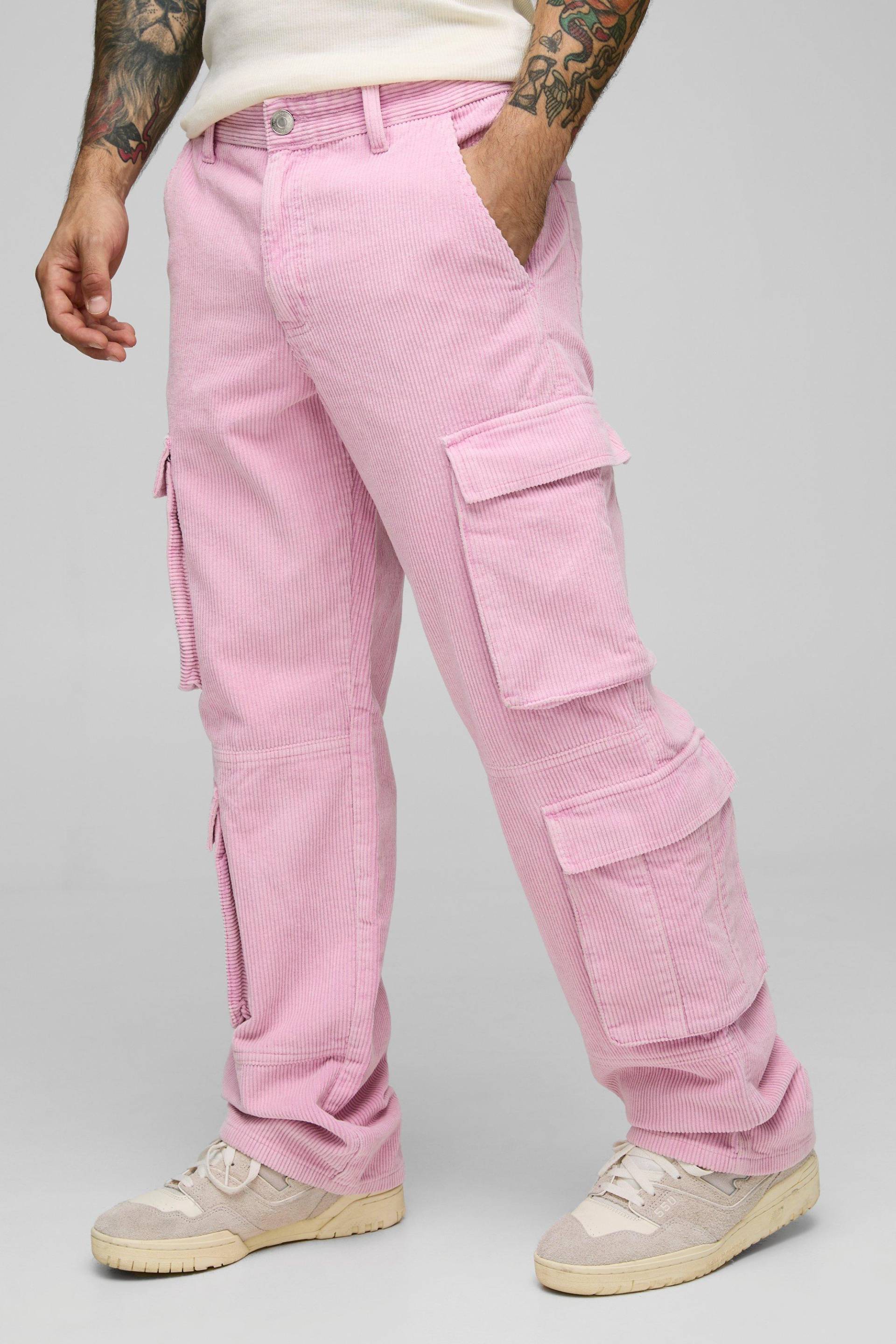 Relaxed Acid Wash Corduroy Multi Pocket Cargo Trousers - Rosa - 36R, Rosa von boohooman