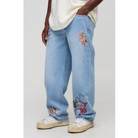 Lockere Jeans mit floraler Stickerei - Blau - 28R, Blau von boohooman