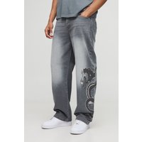 Lockere Jeans mit Schlagenprint-Stickerei - Grau - 34R, Grau von boohooman