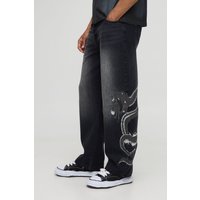 Lockere Jeans mit Schlagenprint-Stickerei - Schwarz - 36R, Schwarz von boohooman
