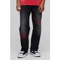 Lockere Jeans mit Blumen-Stickerei - Schwarz - 34R, Schwarz von boohooman