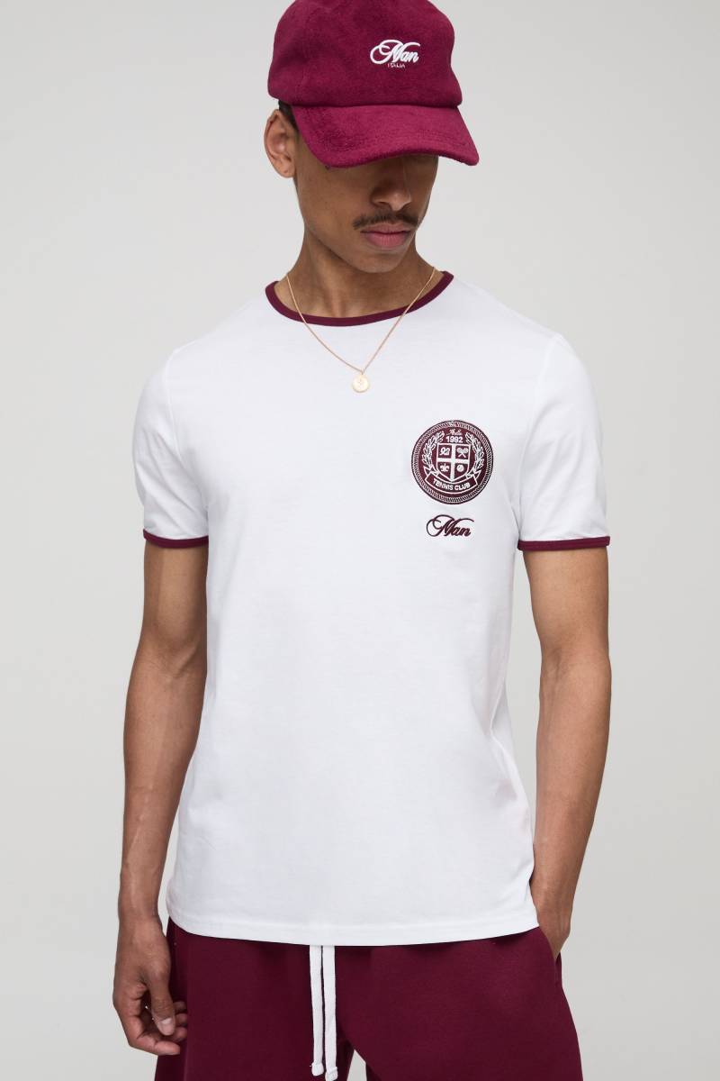 Ringer T-Shirt mit Man-Stickerei - Burgund - XS, Burgund Ringer T-Shirt mit Man-Stickerei - Burgund - XS, Burgund von boohooman