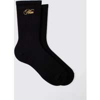 Schwarze gerippte Sportsocken mit Man-Stickerei von boohooman