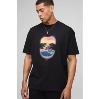 Schwarzes Oversize T-Shirt mit MAN Sunset Print - XS, Schwarz von boohooman