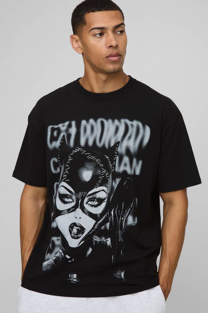Schwarzes Oversize T-Shirt mit lizenziertem Cat Woman Print von boohooman